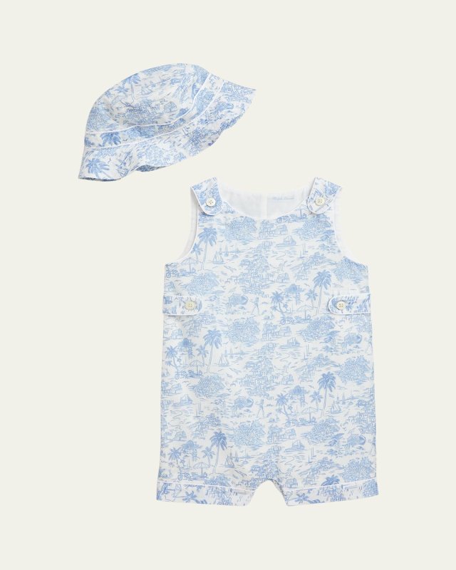 Boy's Printed Bubble Romper w/ Hat Set, Size 3M-